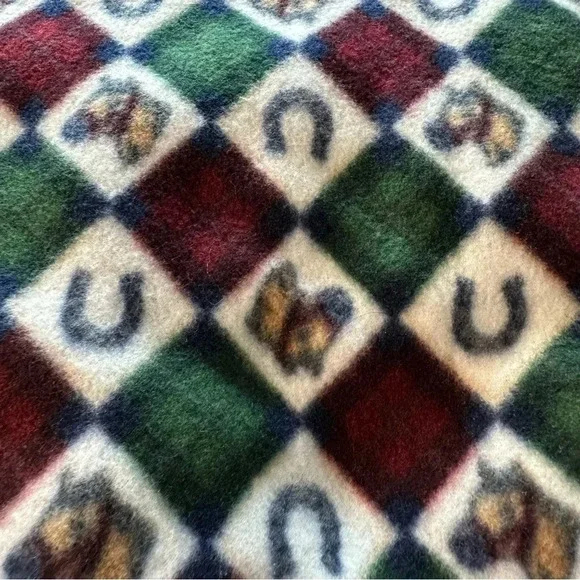 Red and Green Horse Fleece Scarf with Fringe - Picture 2 of 3